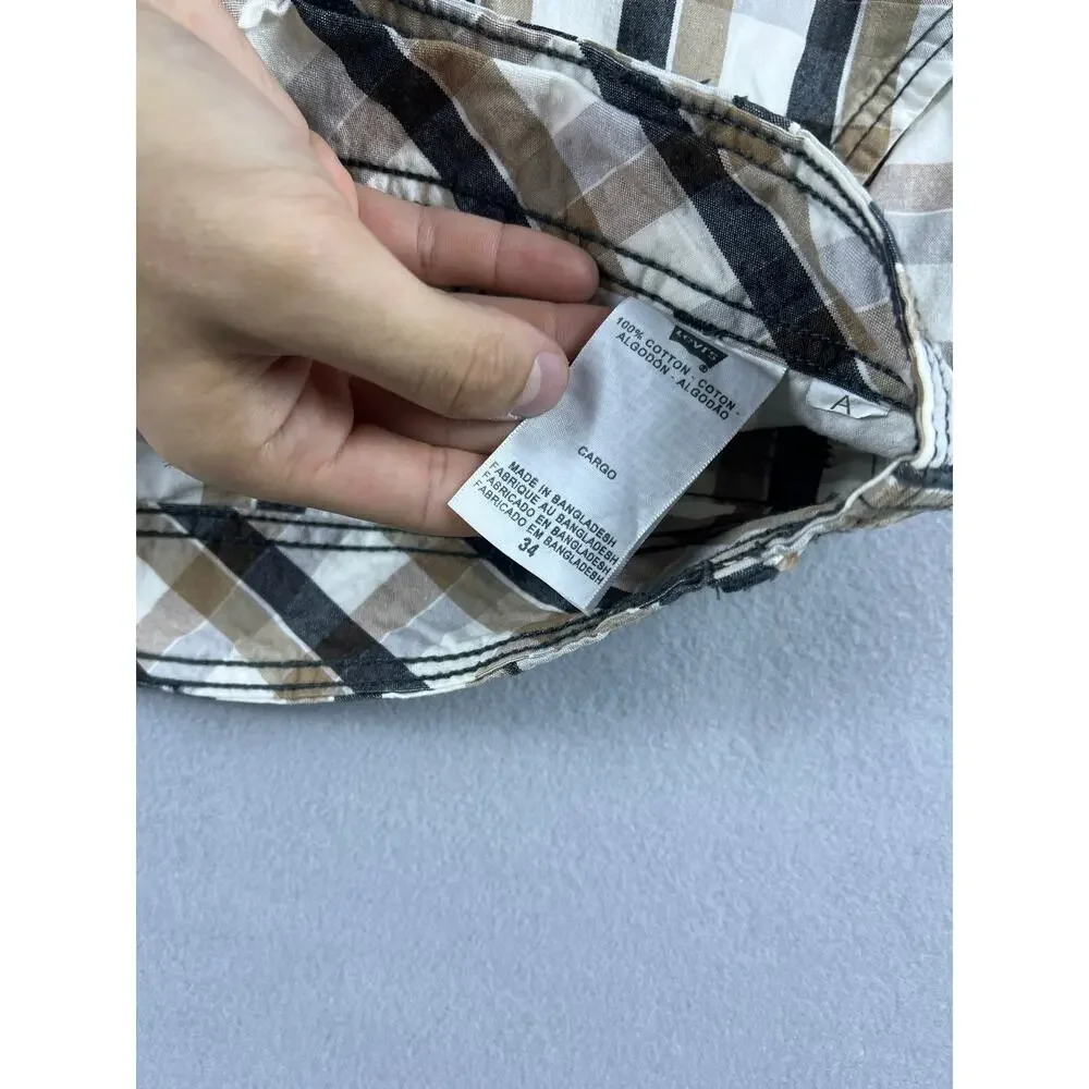 Levi's Cargo Shorts Mens 34 Brown Black Cream Plaid Utility Hiking Outdoor Sport